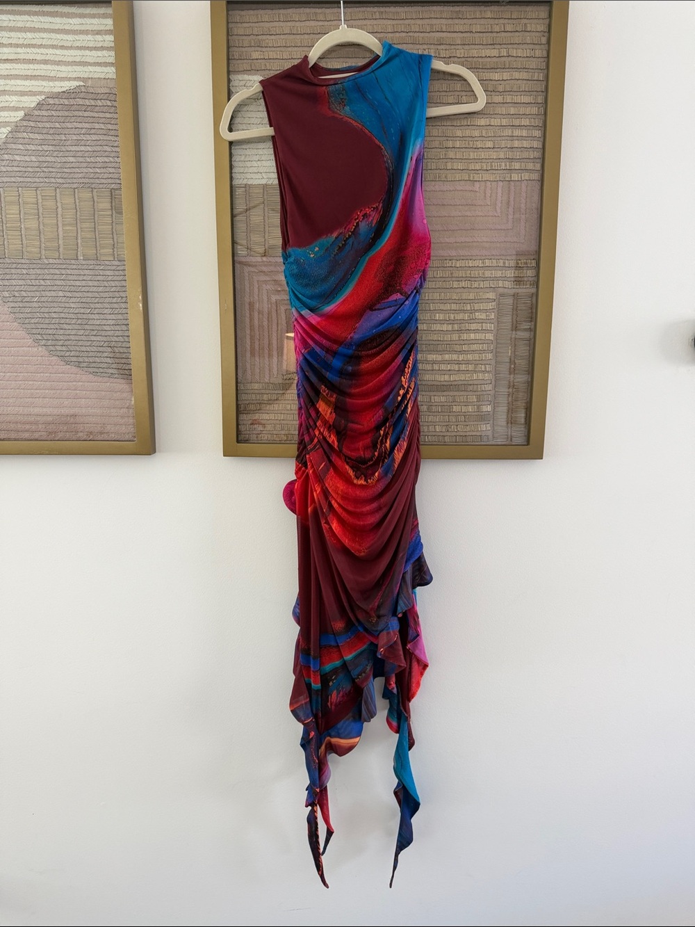 AFRM Asymmetrical Multicolor Ruched Gown - Burgundy, Blue, Pink - Picture 2 of 3